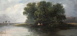 H. Sherbourne (British 19th century) Oil painting Riverscape. Figures in rowboat - Picture 1 of 9