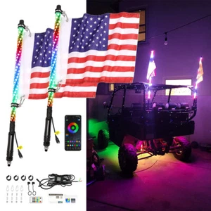 Pair 2FT Spiral LED Whip Light RGB APP w/ Flag & Remote For Kawasaki Teryx Mule - Picture 1 of 14