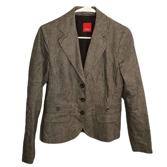 Blazer para mujer s.Oliver talla 6 3 botones marrón blanco chevron bolsillos algodón elástico Foto 1 de 4