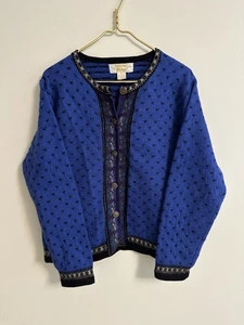 Vintage Tally Ho Periwinkle Blue 100% Boiled Wool Nordic Cardigan Sweater Size M - Picture 1 of 14