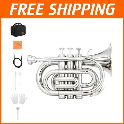 Silver B Flat Pocket Trumpet with 7C Mouthpiece, Hard Case, and Cleaning Kit - Image 1 of 4