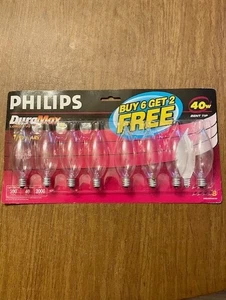 Phillips DuraMax Long Life 8 Bulbs 40W Ben Tip Clear BA9 Candelabra Base NIB - Picture 1 of 1