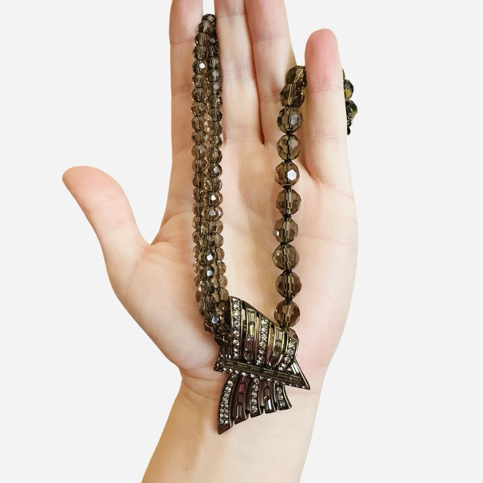 Rare HEIDI DAUS Necklace Art Deco Smokey Taupe Faceted Beads Crystal Quartz Vtg - Image 1 of 4