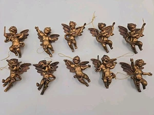Vintage Gold Plastic Cherub Angel 2.5" Christmas Ornament Lot Of 10 - Picture 1 of 5