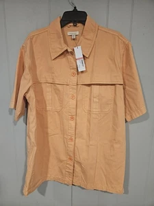 Neu mit Etikett Topshop Damen orangefarbenes Baumwollhemd mit Knopfleiste Größe 12 Large belüfteter Look - Bild 1 von 6