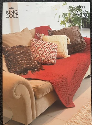 Textured throw + 4 cushion cover set KNITTING PATTERN tassel trim King Cole 2955 - Image 1 of 4