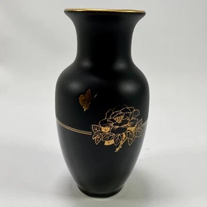 Schwarze Keramikvase im japanischen Stil mit goldfarbenen Blumendetails 16 cm hoch - Bild 1 von 7