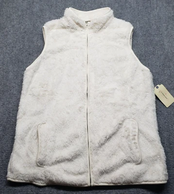 St Johns Bay Vest Womens M Ivory Faux Fur Sleeveless Pure Polyester Full Zip New - Image 1 of 4