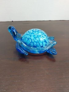 Vintage 5" Art Glass Turtle Sculpture Figurine Statue Blue & Clear w white swirl - Picture 1 of 7