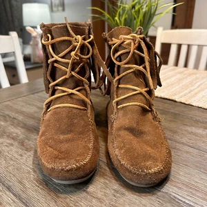 Minnetonka Tramper Gamuza Mocasín Botas Flecos Con Cordones Botines Boho Marrón 7 - Imagen 1 de 10