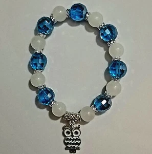 Bracciale Elastico Moda Perline Cirstal con Charm Gufo - Azzurro e Bianco Divertente - Foto 1 di 2