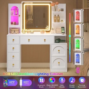 White Large Vanity Desk with Mirror and Lights Charging Station Drawers Shelves - Picture 1 of 10