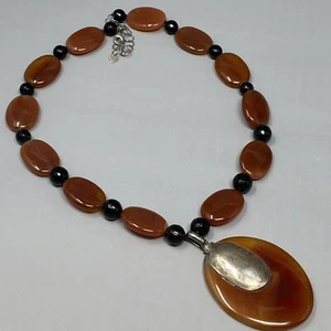 Designer Gemstone Necklace Brown Oval Beads Black Onyx Sterling Silver Chakra 20 - Picture 1 of 20