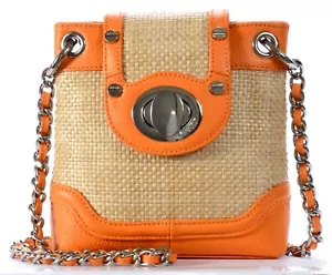 NWT BODHI COATED NATURAL STRAW & LEATHER MINI ZIP TOP TURNLOCK CROSSBODY BAG - Picture 1 of 6