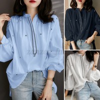 UK Women Summer Long Sleeve Shirt Tee Cotton Top Embroidered Casual Loose Blouse