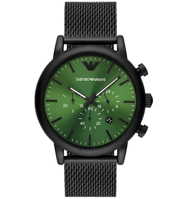 EMPORIO ARMANI LUIGI CHRONOGRAPH AR11470 GREEN DIAL BLACK MESH BAND MENS WATCH - Image 1 of 4