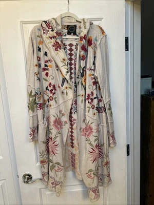 Cárdigan Johnny Was Plumero Abrigo Con Capucha Beige BIYA Artístico Bohemio Bordado L Foto 1 de 4