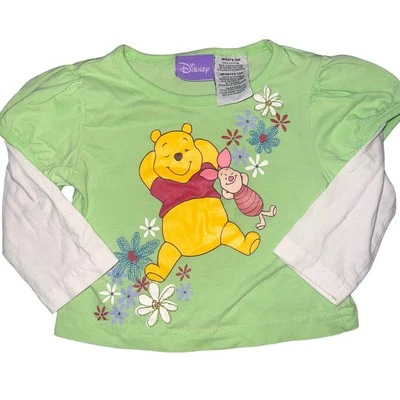 Vintage Disney Winnie the Pooh and Piglet green floral long sleeve T shirt 12 mo - Image 1 of 4
