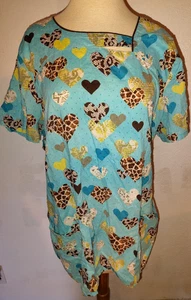 Baby Phat Women's Size XL Scrub Top Blue Multi Color With Heart Pattern 100% Cot - Picture 1 of 8