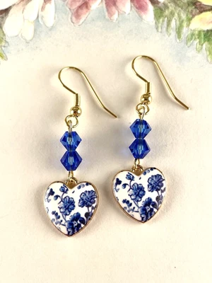 Pendientes colgantes oro blanco azul floral cristal corazón hechos a mano joyería artesanal Foto 1 de 3
