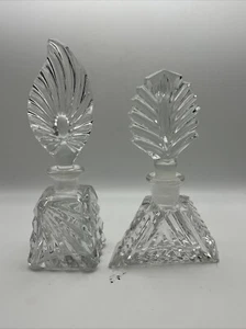 2 Kristall fächerförmig klar geschliffen Diamant Glas Parfüm Flasche mit Fächer Stopfen 2" Vintage - Bild 1 von 4