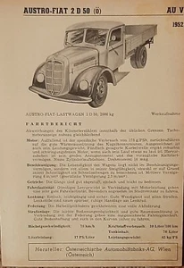 Austro Fiat 2 D 50 1952 Datenblatt Typenblatt original * - Imagen 1 de 1