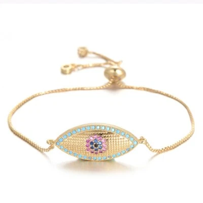 Brazalete Ajustable Grande Mal de Ojo Pavimentado Circonita Cúbica Oro Amarillo Foto 1 de 4