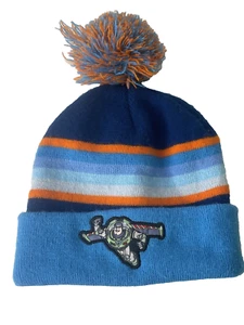 Disney Pixar Hat Buzz Lightyear Beanie Pom Pom Blue White Striped Kids Toy Story - Picture 1 of 7