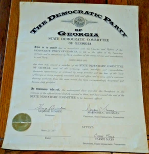 State of Georgia Democrat Party Certificate Signed by Gov. George Busbee - 1977 - Picture 1 of 4
