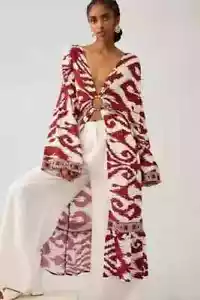 NWT Anthropologie Printed Ring Front Bell Sleeve Kaftan M/L Burgundy Ikat - Picture 1 of 12
