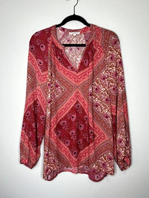 Christian Siriano Women's Blouse Large Coral Red Gold V-Neck Long Sleeve Boho - Image 1 of 4