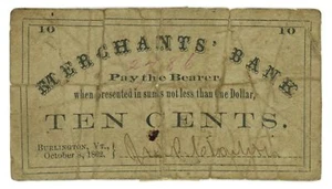 1862 Merchants' Bank, Burlington, Vermont 10c Obsolete Note No.2786 (62114) - Picture 1 of 2