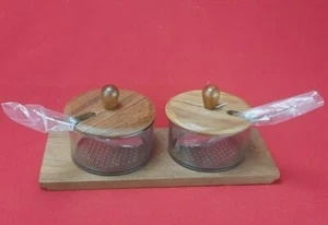 LUTHJE WOOD Denmark Teak 2 Condiment Serving Set Jars with spoons & Tray - Picture 1 of 9