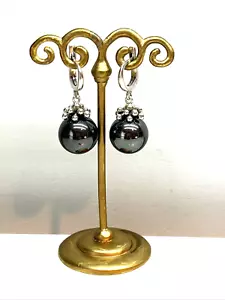 Vintage Sterling Silver Gray Dangle Faux Pearl Pierced Heavy Earrings - Picture 1 of 6