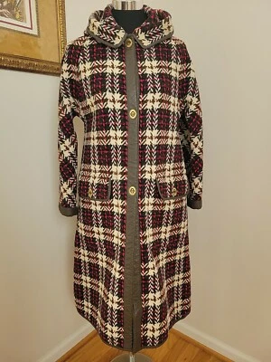 Vintage 60s-70s Cashin Sills Plaid Pattern Wool Leather Trim Hooded Coat Size M - Image 1 of 4
