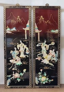 Par de arte de pared oriental vintage colgante decoración asiática marco de madera laca negra mano - Imagen 1 de 9