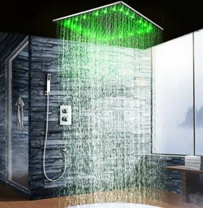 LED Luxury Matt Black 20" Square Ceiling Mounted Shower System, 2 Rainfall Mode - Picture 1 of 9