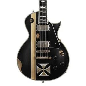 Customized Distressed Black Electric Guitar with Iron Cross Inlay,Gold Striped - Picture 1 of 3