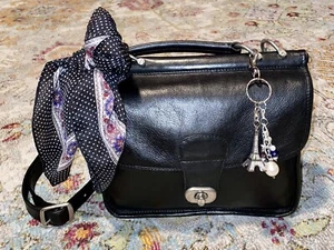 Beautiful Black Leather Crossbody Bag Handbag Satchel Free Bag Charm Paris Scarf - Picture 1 of 21
