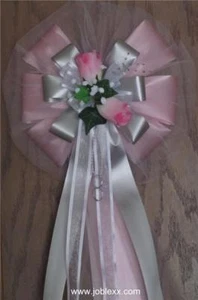 6 PINK ROSES with 2 tones PINK/SILVER flora Satin Ribbon Pew Bows - Picture 1 of 4