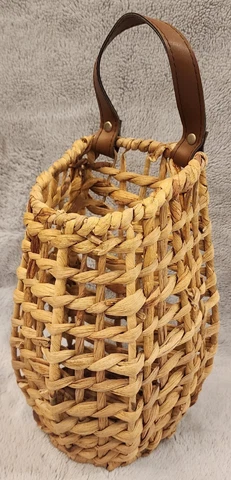 Decocrated Woven Wicker Hanging Basket Faux Leather Handle Brown Tan Cover