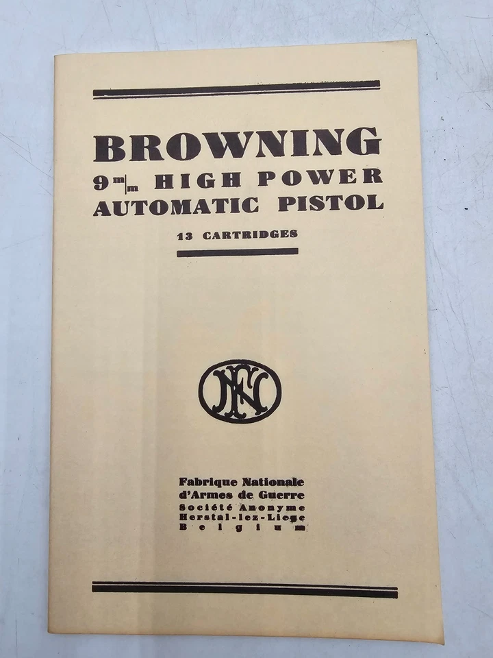 Pistola Automática de Alta Potencia Browning Fabrique Nationale De Colección Manual 9MM Foto 1 de 1