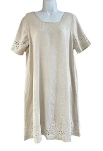 New ESKANDAR Linen Shift Floral Embroidery Midi Dress Sz 0 Natural Ecru 6-8 S-M - Picture 1 of 8