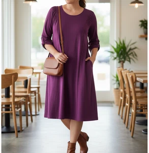 Vestido Susan Graver Talla Grande 3X Midi Línea A Mujer Ruchón Manga 3/4 Púrpura Magenta - Imagen 1 de 10