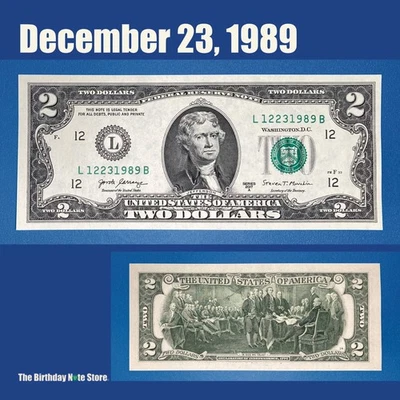 December 23, 1989 Birthday Anniversary $2 Two Dollar Bill Serial Number 12231989 - Image 1 of 2