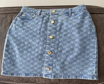 Michael Kors Denim Mini Skirt Size 4 Front Button Down Logo MK Printed - Image 1 of 4