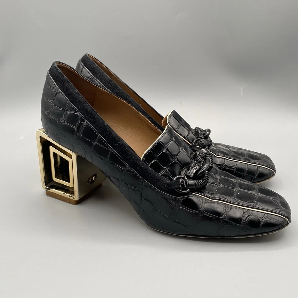 AS IS Tory Burch 7. 5 Jessa Loafer Pumps Black Croc Embossed Block Heel Shoes - Image 1 of 4