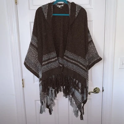 Simply Noelle Cape Wrap Shawl Hooded Fringe Brown Blue Plaid Soft Open Front - Image 1 of 4