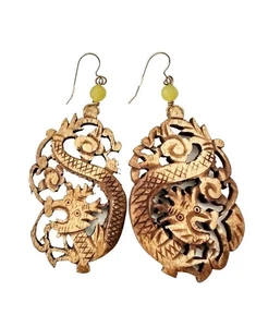 Vintage Large Asian Carved Dragon Pierced Earrings KC - Picture 1 of 6