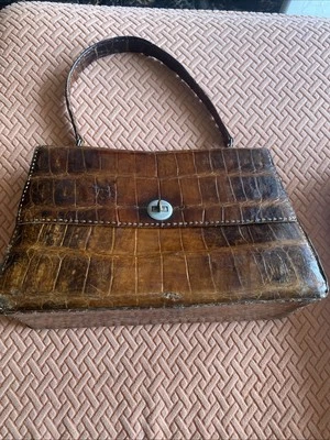 SAC CUIR CROCODILE CAÏMAN VERITABLE VINTAGE COUTURES MAIN FERMOIR ORIGINAL - Photo 1/4